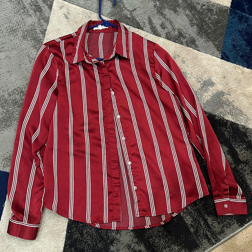 Red and white strip silk button down